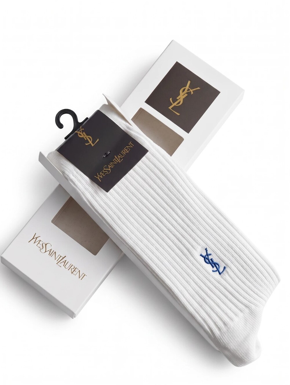 Yves Saint Laurent White Ribbed Crew Socks with Blue YSL Monogram